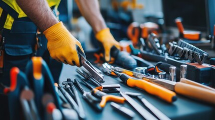 Construction worker handling construction tools. Featuring equipment handling and building work