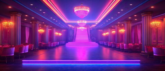 Obraz premium Ballroom interior. Pink neon lights illuminate seats, chandeliers, pillars, and stage