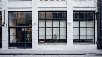 Vintage building facade with large windows monochrome