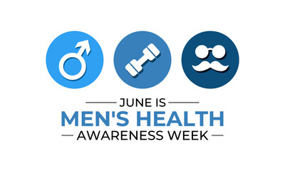 Illustration on the theme of Men's health Week is observed every year in June. A blue ribbon, Stethoscope with a mustache and Realistic ribbon. International Men's Day, and Father's Day concepts.