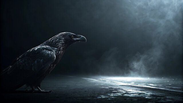 A majestic black raven - crow stands in a dark, mysterious setting with misty, dramatic lighting on a wet surface, evoking a gothic or fantasy atmosphere.