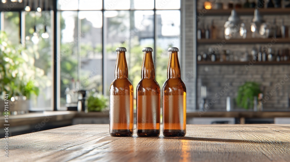 Poster Three beer bottles with blank labels resting on wooden table in blurred bar setting