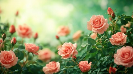 Roses Blooming peach roses with buds and green leaves in soft sunlight