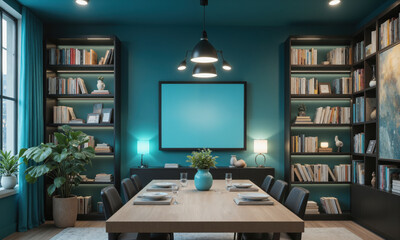 AI-powered home library in electric teal, featuring smart bookshelves that organize books by genre or frequency of use, and interactive