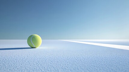 Artistic angle of a single tennis ball on a vast blue field white service line detail AI