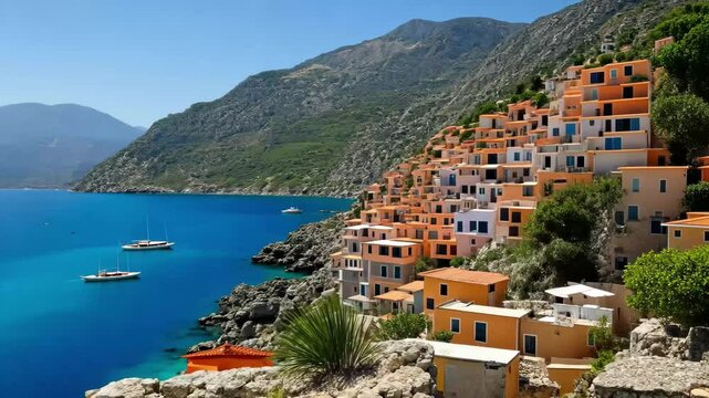 Traditional Greek village of Pollonia on a sunny day with crystal clear waters and scenic views, Greece island traditional greek village Pollonia