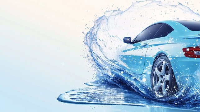 Blue sports car driving through splashing water on light background