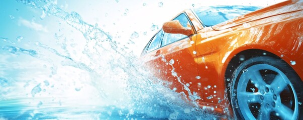 Orange car splashing water while driving on wet road