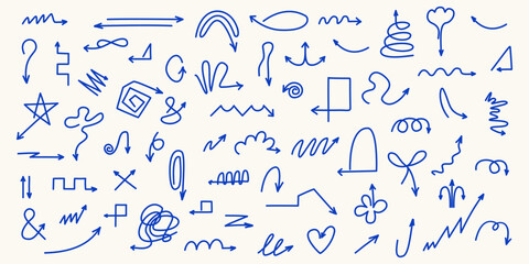 Different trendy vintage Doodle arrows. Minimalistic simple drawing Direction signs. Different shapes. Straight, curly, swirly, round. Hand drawn vector set. All elements isolated
