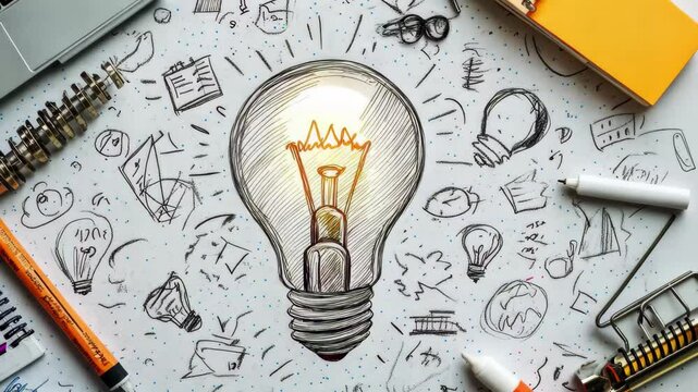 Bright ideas gather around a lightbulb amidst organized office supplies for creative brainstorming, A light bulb surrounded by various office supplies and doodles, symbolizing innovation