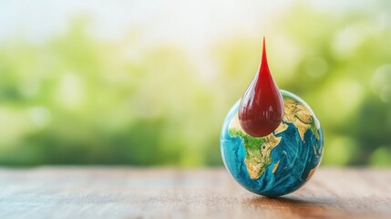 global blood donation awareness concept showing a drop of blood falling onto a miniature earth globe symbolizing the universal need for blood donations and global healthcare support