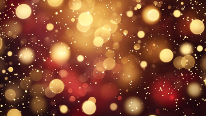 Shimmering gold and red bokeh lights with scattered glitter on a dark background, creating a magical, festive, and luxurious ambiance.