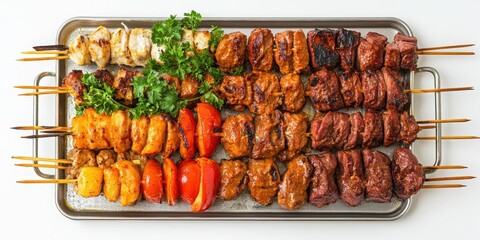 Isolated tray of flavorful Malaysian satay skewers with peanut sauce on white.