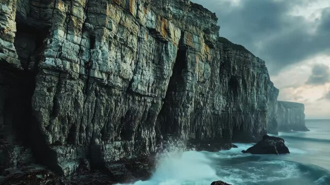 Erosion reshapes stunning coastal cliffs along the shore under a moody sky at dusk, coastal cliffs prone to erosion, Seamless ing video background