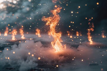 Radiant Fire Particles Flickering in a Dreamy Smoky Background with Ethereal Mist