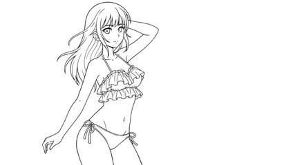 Fototapeta premium Fashion Pose Anime Girl Ruffled Bikini Top Coloring Sheet Printable Manga Beachwear Character Outline