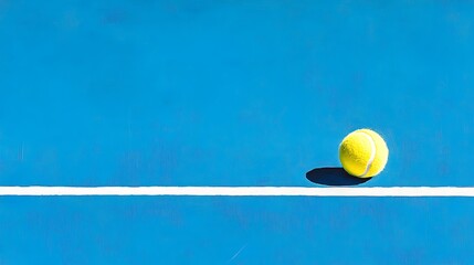 Clean and sharp professional stock image of a tennis ball on a vivid blue court with white detail
