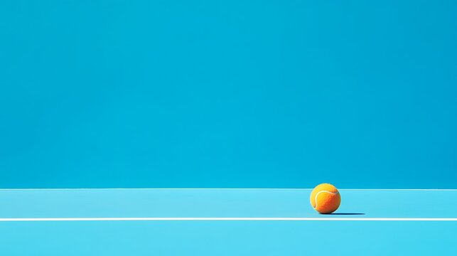 Clean and sharp professional stock image of a tennis ball on a vivid blue court with white detail