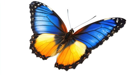 Obraz premium isolated butterfly showcasing vibrant shades of blue orange and yellow creating an evocative image symbolizing change beauty and the delicate balance of nature against a pristine white background