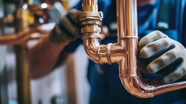 Plumber connecting copper pipes in a new building installation. Featuring precision and expertise