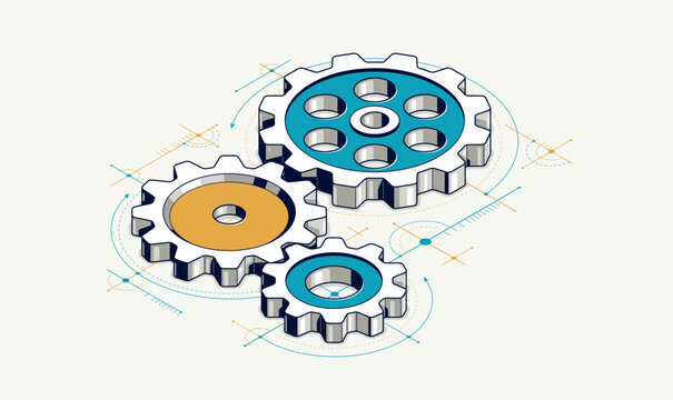 Engineer education concept, gears and cogs composition isometric 3D vector illustration, study science in university, engineering learning.