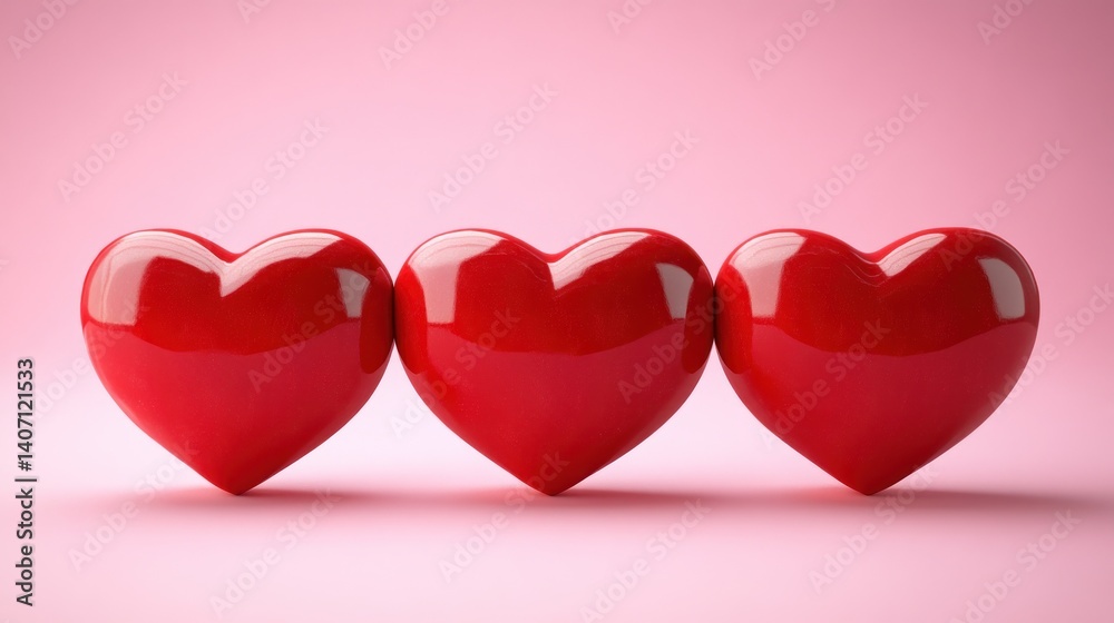 Poster three-dimensional rendering of three red heart shapes aligned in a row against a soft pink gradient 
