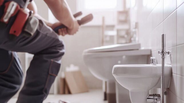 Plumber fitting a toilet in a bathroom. Featuring plumbing installation and bathroom renovation