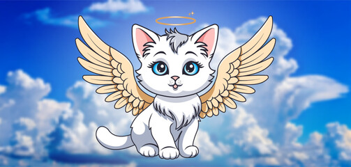 Vector cute cartoon white cuddly little kitten angel with wings and halo. Blurred cloudy blue skies. Feline fairy tale animal. Lovely cat