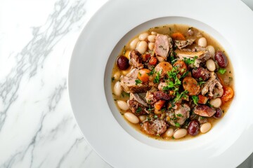 Bowl of tender cassoulet featuring white beans, meat, and vibrant vegetables. Concept of hearty cassoulet as classic French bean stew with rich flavors and comforting warmth.