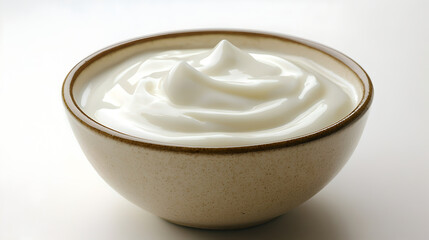 Creamy White Yogurt in Beige Bowl on White Background