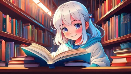 Enchanting Anime Girl Lost in a Vast, Colorful Library Haven, Finding Solace Amidst Stacks of Books and Vintage Ambiance, Illuminating Tranquility Within an Imaginary World.