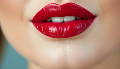 Obraz premium Red lipstick makeup beauty lips gloss smile teeth glamour fashion style cosmetic product close up portrait