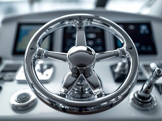 A sleek, polished chrome ship's steering wheel with modern technological displays in the background, indicating a luxury boating experience.