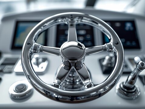 A sleek, polished chrome ship's steering wheel with modern technological displays in the background, indicating a luxury boating experience.