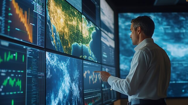 weather scientist analyzing severe climate events in an operations center using advanced display systems radar data and forecasting tools for disaster monitoring