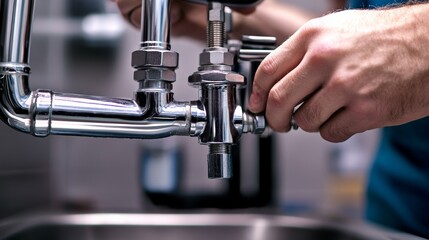 Plumber tightening pipe fittings in a kitchen sink. Featuring plumbing expertise