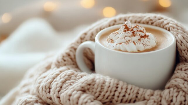 Steaming latte background with whipped cream, nestled in knitted wool, radiating soft against warmth crowned winter