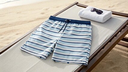 Navy blue and white striped swim trunks are lying on a светлый surface near a tropical beach with turquoise water, a white towel, and sunglasses