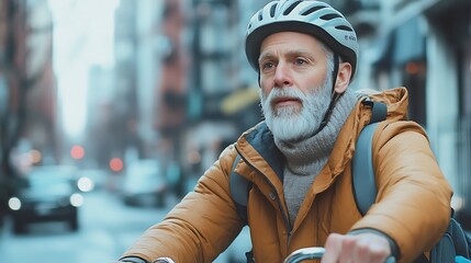 commuting man in city on bicycle wearing helmet showing urban motion active lifestyle transport and health conscious everyday biking habit
