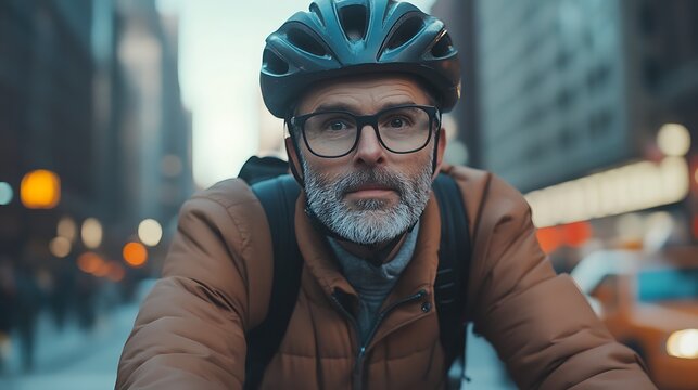 commuting man in city on bicycle wearing helmet showing urban motion active lifestyle transport and health conscious everyday biking habit