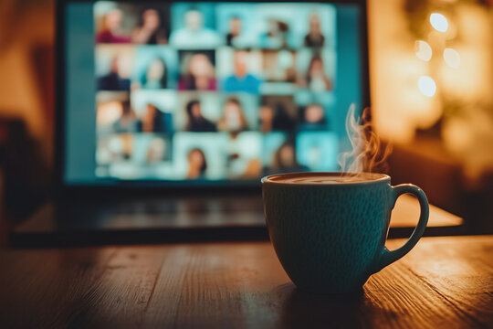 Reflection of virtual team call on laptop screen with steaming coffee cup in cozy environment during evening hours