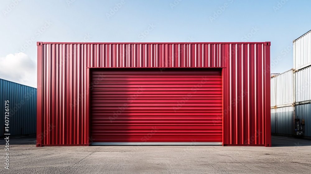 Aufkleber red shipping container converted into storage unit with closed rolling door