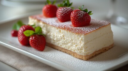 Delicious cheesecake topped with fresh strawberries and dusted with powdered sugar.