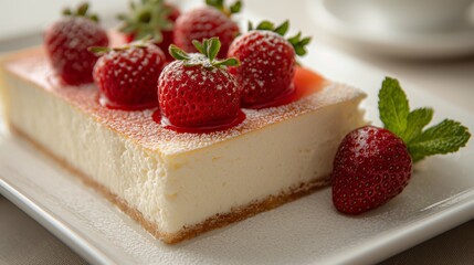 Delicious cheesecake topped with fresh strawberries and mint, served on a square white plate.