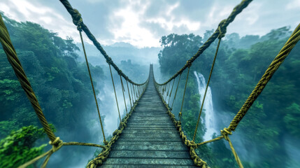 Fototapeta premium Crossing swaying rope bridge over waterfall in tropical rainforest