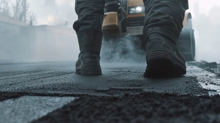 Construction worker laying asphalt for a road. Featuring asphalt laying and construction