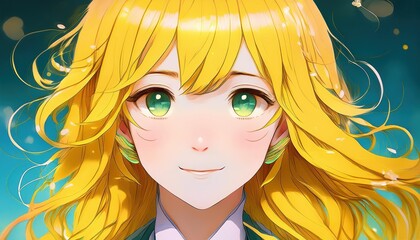 Vibrant Anime Beauty with Curly Wavy Yellow Hair, Enchanting in a Magical Fantasy Realm, Showcasing Intricate Detailing and Captivating Expressiveness.