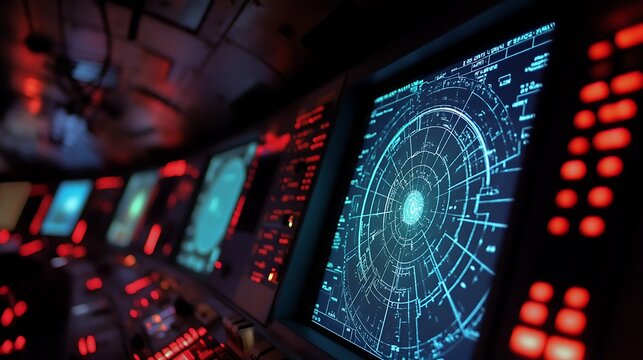 digital missile defense interface with radar screen control panel and officials reviewing sensor data maps and warning information in a technology driven room
