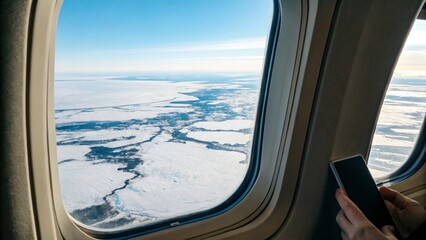 Fototapeta premium A view from an airplane window high above a snow-covered landscape under a clear blue sky with scattered white clouds