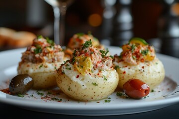Close-up of Causa Rellena, stuffed potato dish filled with vegetables and herbs, olives around plate. Concept of Causa Rellena, vibrant and artistic culinary presentation.